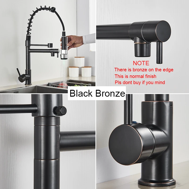 สีดําดึงทองเหลืองก๊อกน้ําอ่างล้างจานร้อนเย็นน้ํา Mixer Crane TAP Dual Spout 360 หมุนสูงก๊อกน้ําติดตั้ง