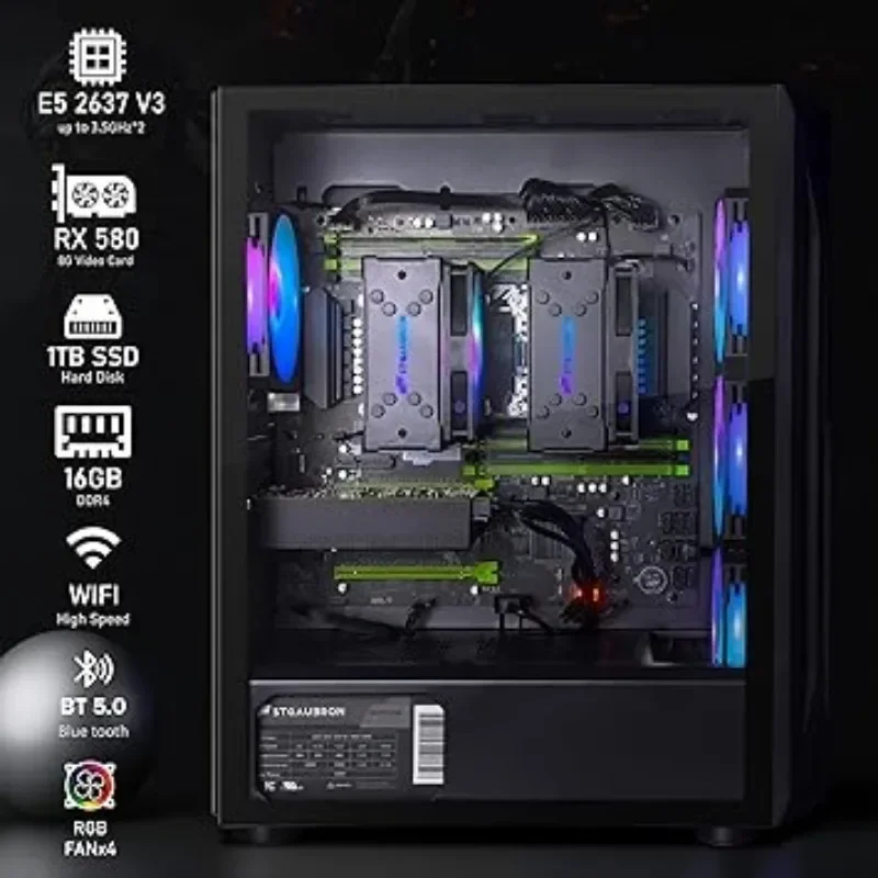 Dual CPU Gaming PC, Dual Intel i7 Xeon E5 up to 3.7GHz 1T SSD, 600M WiFi, BT 5.0, RGB Fan x4, Windows 10 Pro