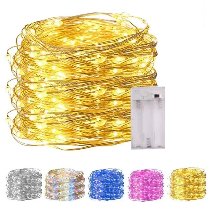 Cadena de luces LED de alambre de cobre, 1M, 2M, 5M, 10M, funciona con batería, iluminación de vacaciones para decoración de fiestas de bodas y Navidad