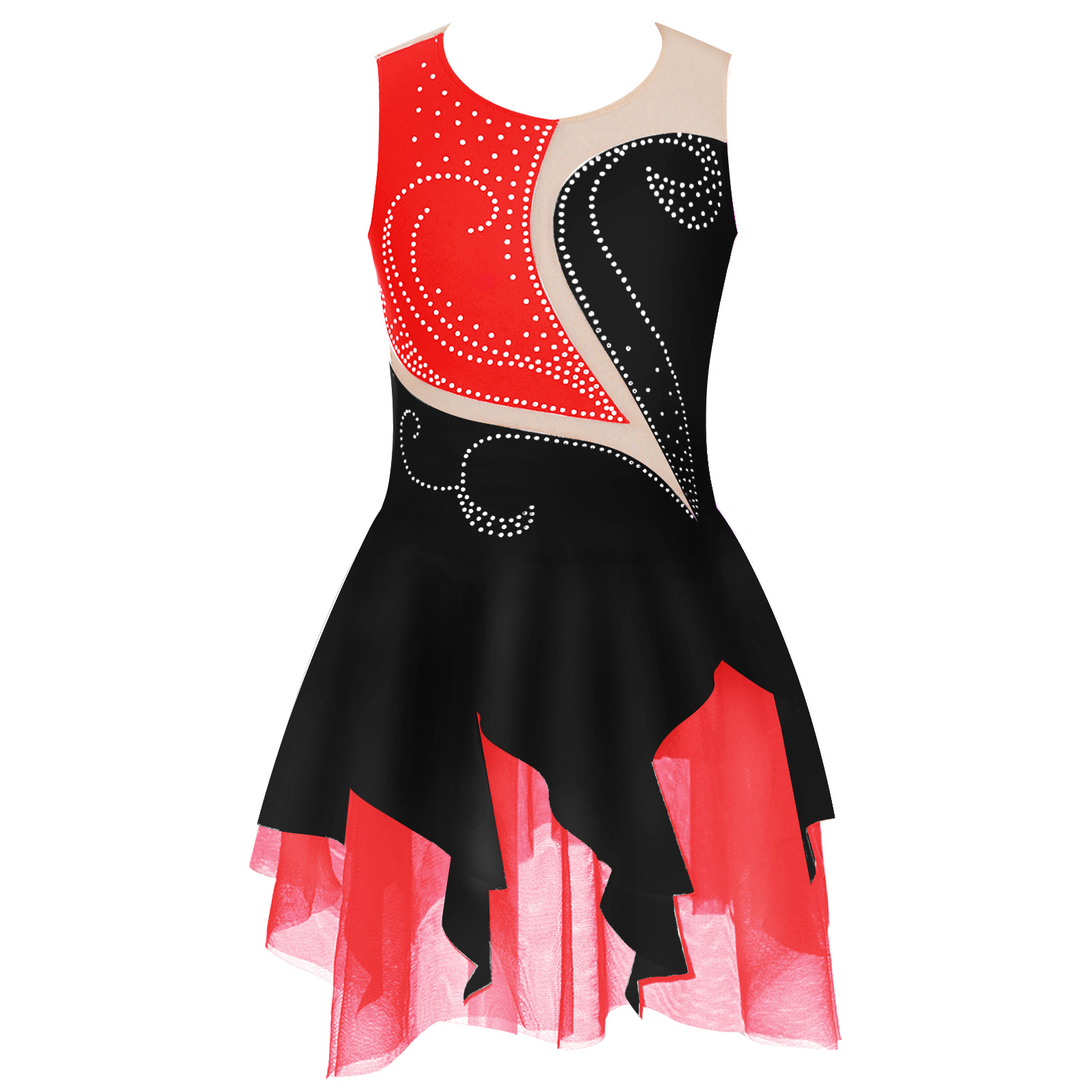 Vestido de baile lírico de Ballet para niñas, sin mangas, escote redondo, decorado con diamantes de imitación, vestido de baile de patinaje artístico de retazos