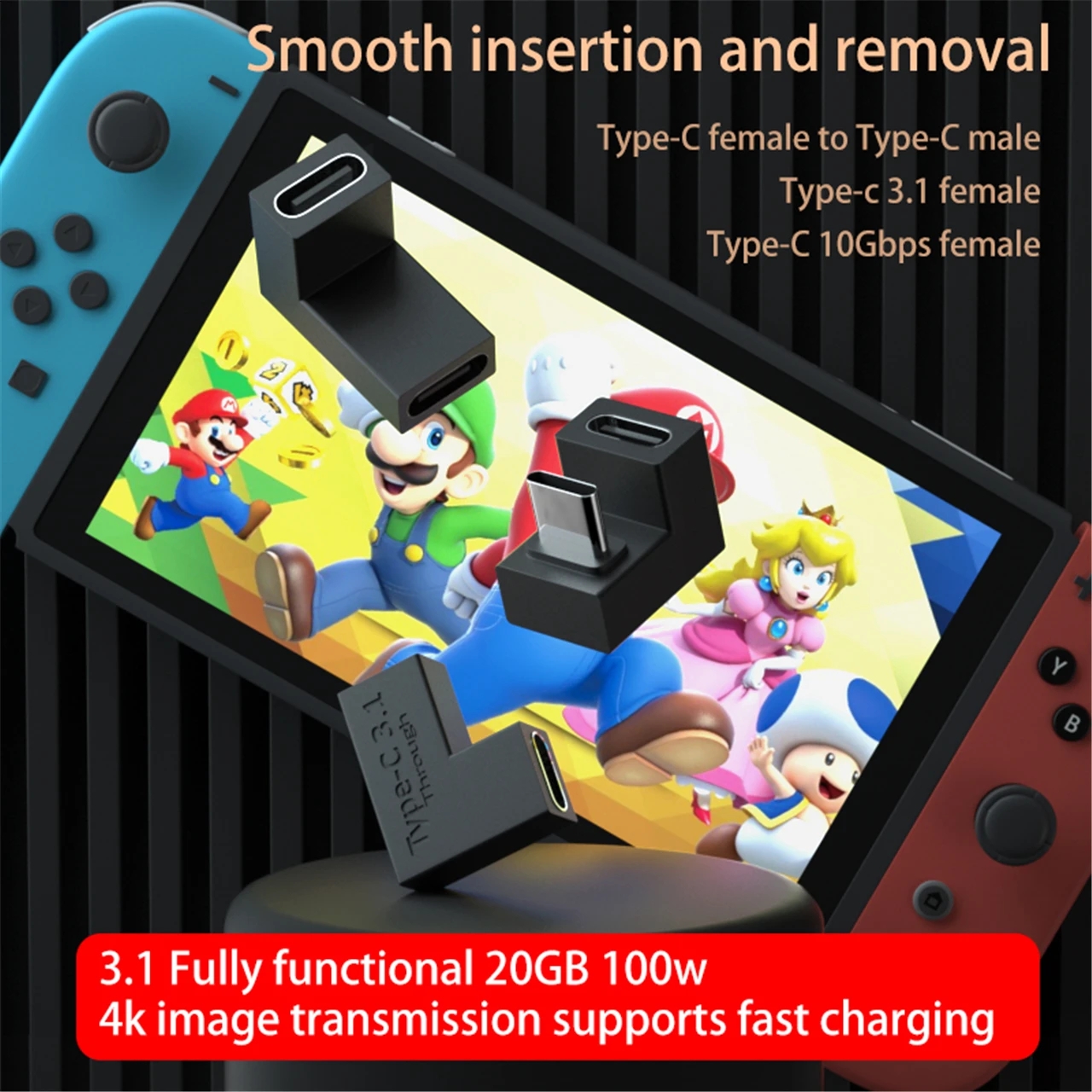 100 W USB 3.1 Typ-C 20 Gbit/s Stecker/Buchse auf Buchse 90 Grad rechtwinkliger Adapter Computer-Mobilspielkonsole OTG-Konverter PD 4K
