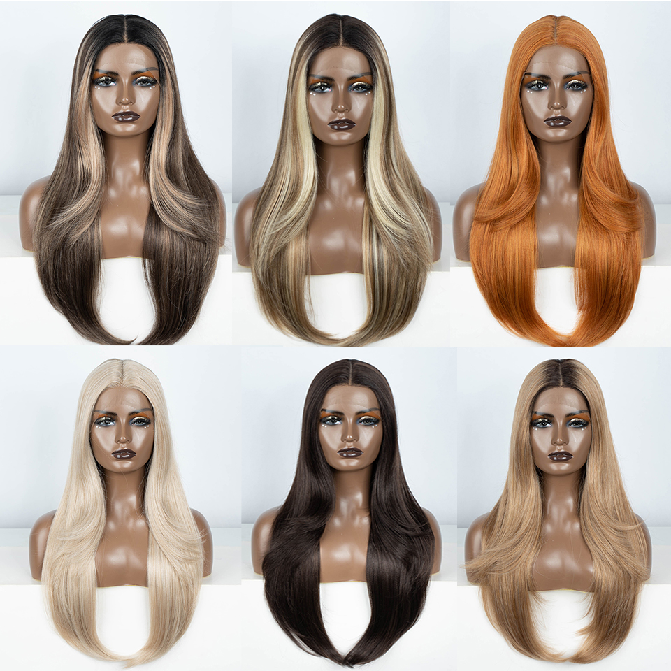 Syntetyczne koronkowe peruki dla czarnych kobiet 28 cali proste pomarańczowe Ombre blond żaroodporne podkreślenie peruki Cosplay