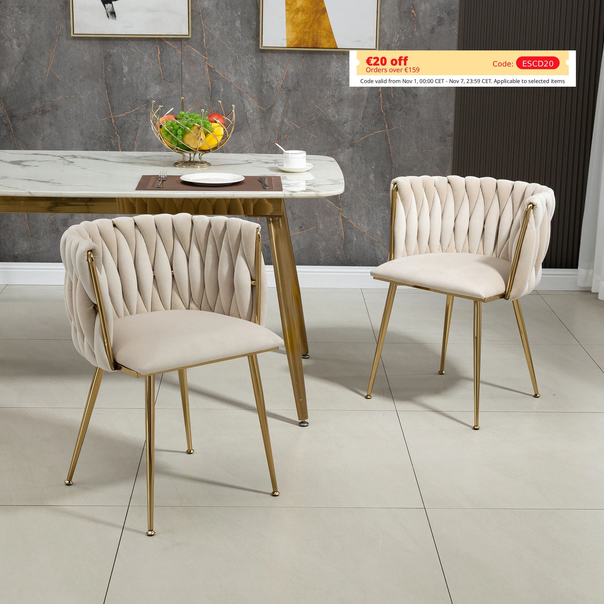 LVHOM Moderne Samt-Esszimmerstühle (2er-Set) mit goldenen Metallbeinen, handgewebte Designstühle für Esszimmer und Wohnzimmer