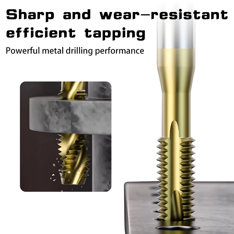 Grifo de punta en espiral HSS chapado en titanio métrico, grifo de flauta en espiral M2 M2.5 M3 M4 M5 M6 M7 M8 M10 M12, rosca de tornillo de grifo de máquina