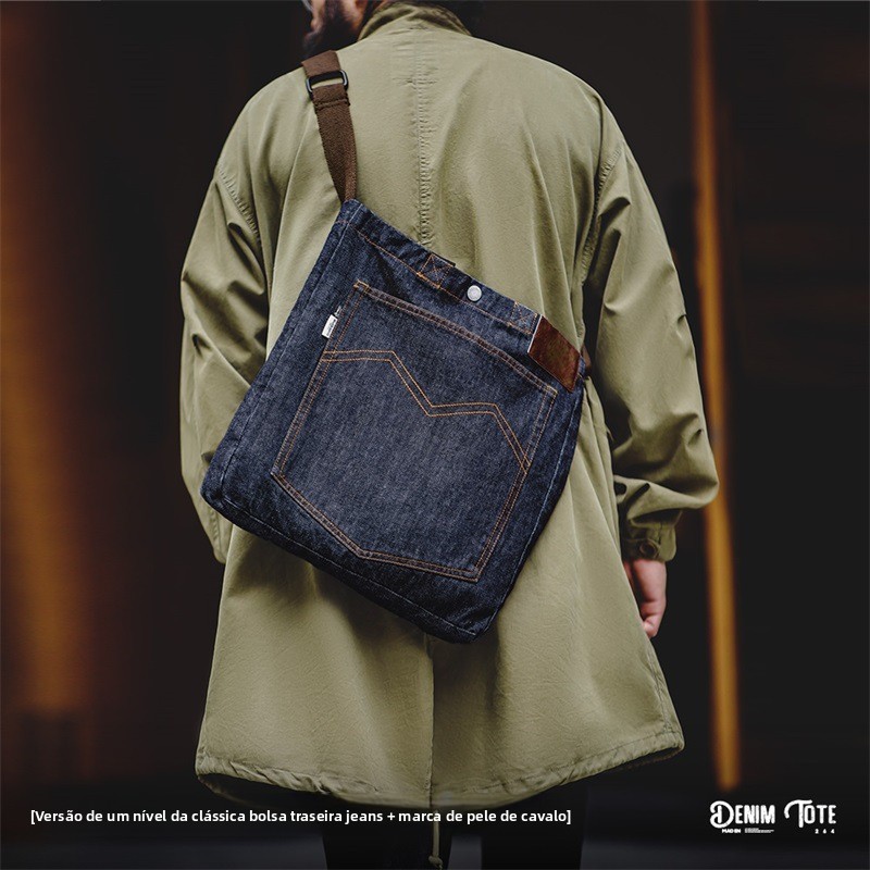 Bolsa Transversal de Ombro Único em Denim Retro Americano Madden Workwear, ande Capacidade, Bordada, Bolsa de Mão para Tabl...