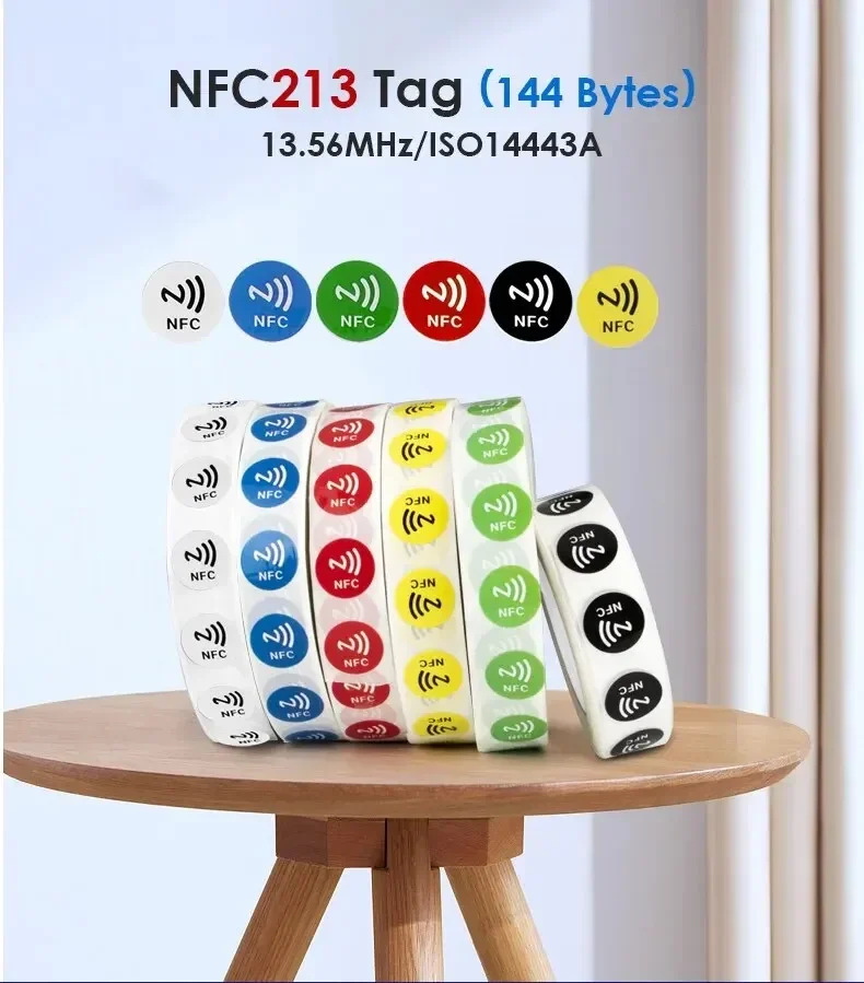 5YOA 6pcs NFC Ntag213 Etiquetas adesivas RFID 13.56MHz ISO14443A 144 bytes Adesivos molhados 213 Chip para telefone NFC 6 cores