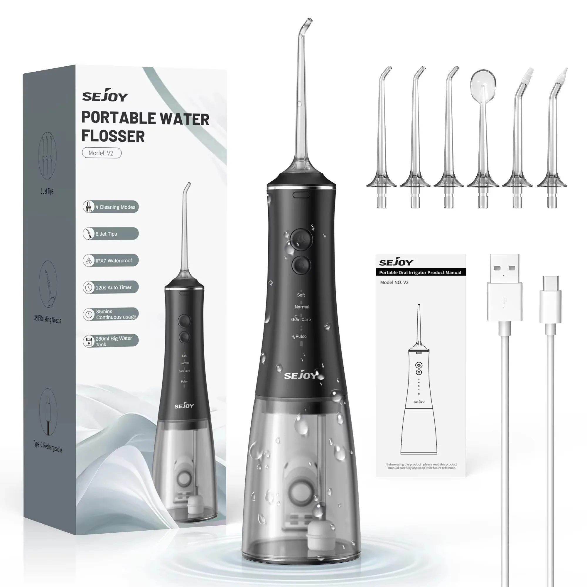 Sejoy Dental Munddusche, Wasserflosser, Gewinde, Zahnpfahl, Mundwaschmaschine, 4 Düsen, 4 Modi, magnetisch, wiederaufladbar