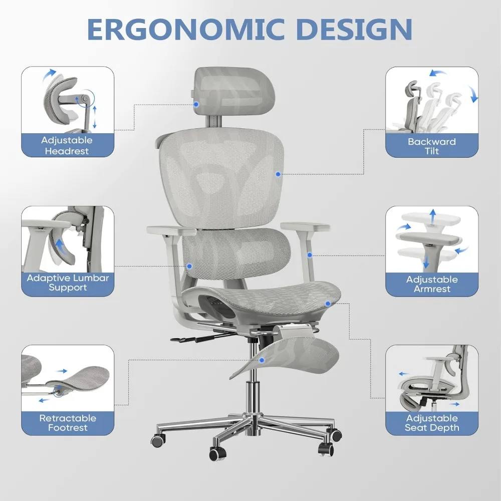 Ergonomic Mesh Office Chair with Foot Rest, Big and Tall Computer Chair with 3D Adjustable Headrest and 4D Armrest, 350 LBS Capa