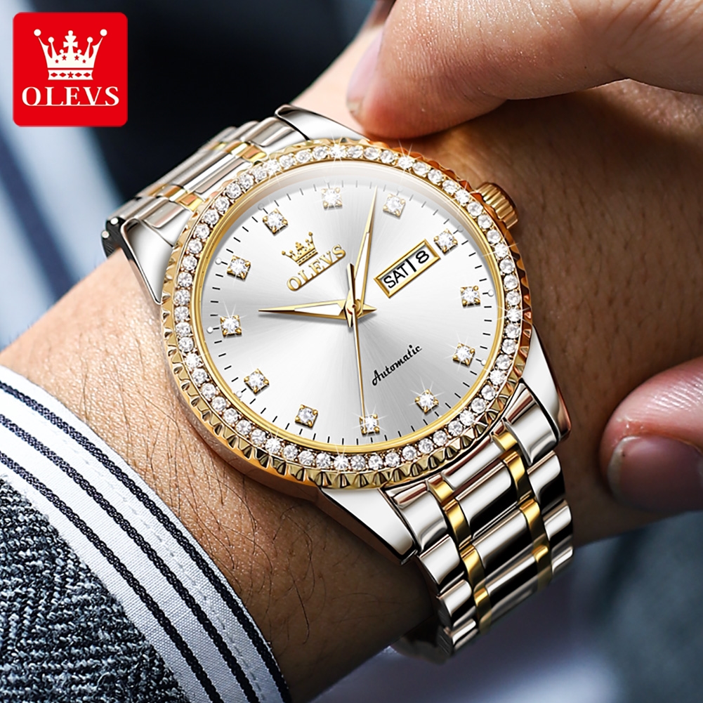 OLEVS-reloj mecánico automático para hombre y mujer, pulsera con esfera de diamante, marca de lujo para amantes, regalos de boda, nuevo