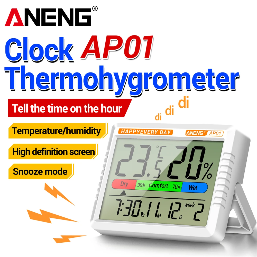 ANENG AP01 LCD Digital Thermometer Hygrometer Indoor Room Temperature Humidity Meter  Alarm Clock Weather Station For Home