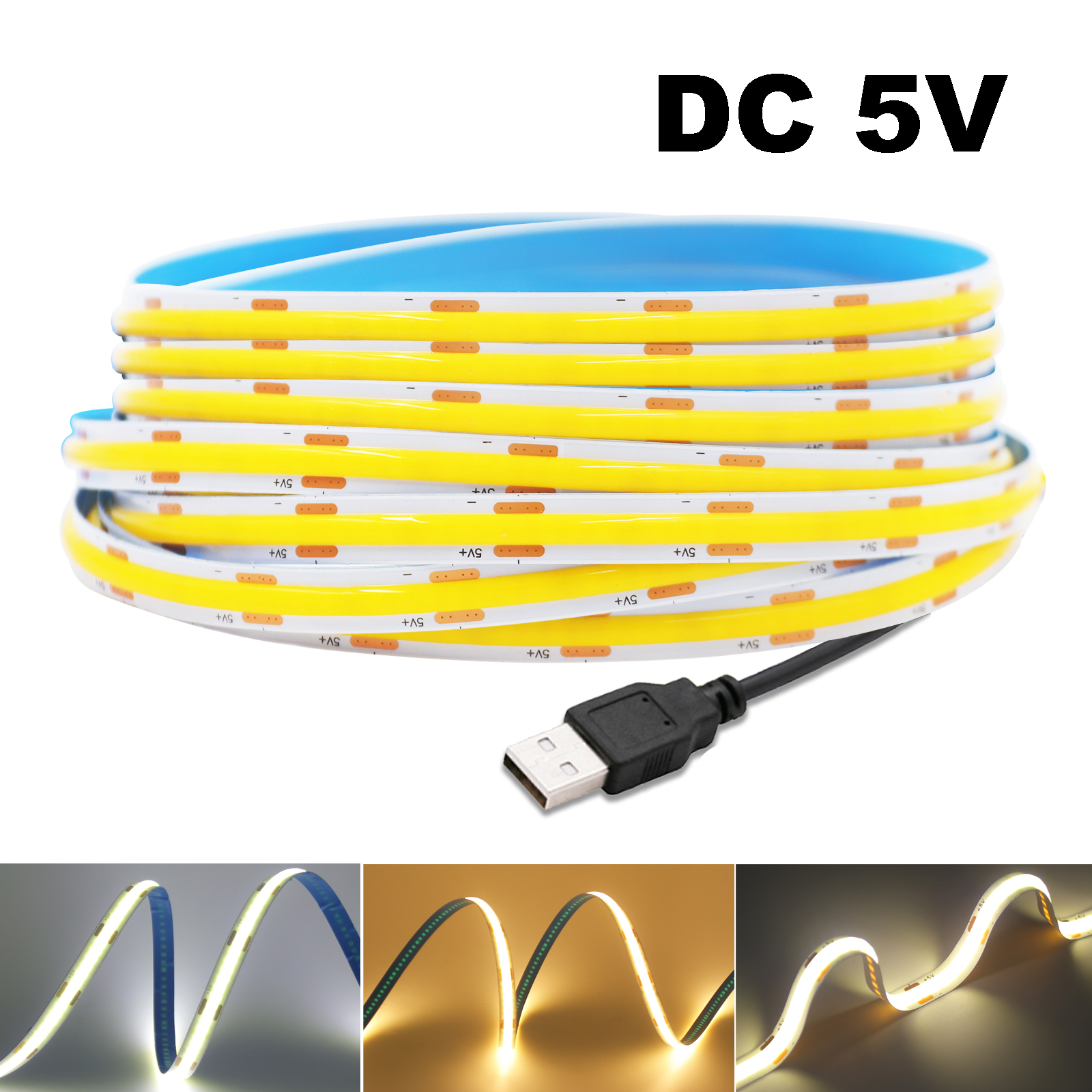 Супер яркая светодиодная лента USB DC5V COB 320LED/м Гибкое линейное освещение высокой плотности Теплый/натуральный/белый 50 см 1 м 2 м 3 м 4 м 5 м