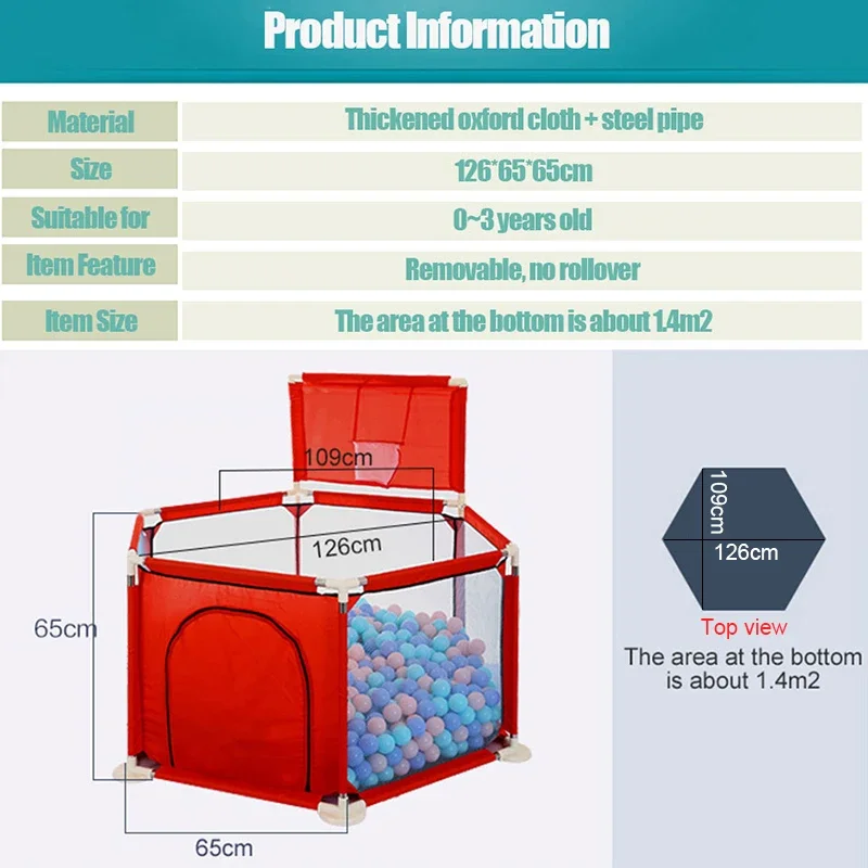 Parc de jeu hexagonal pour enfants, aire de jeux intérieure pour nourrissons, clôture pour bébés en bas âge, couleur rouge, garde-corps de sécurité sans balle