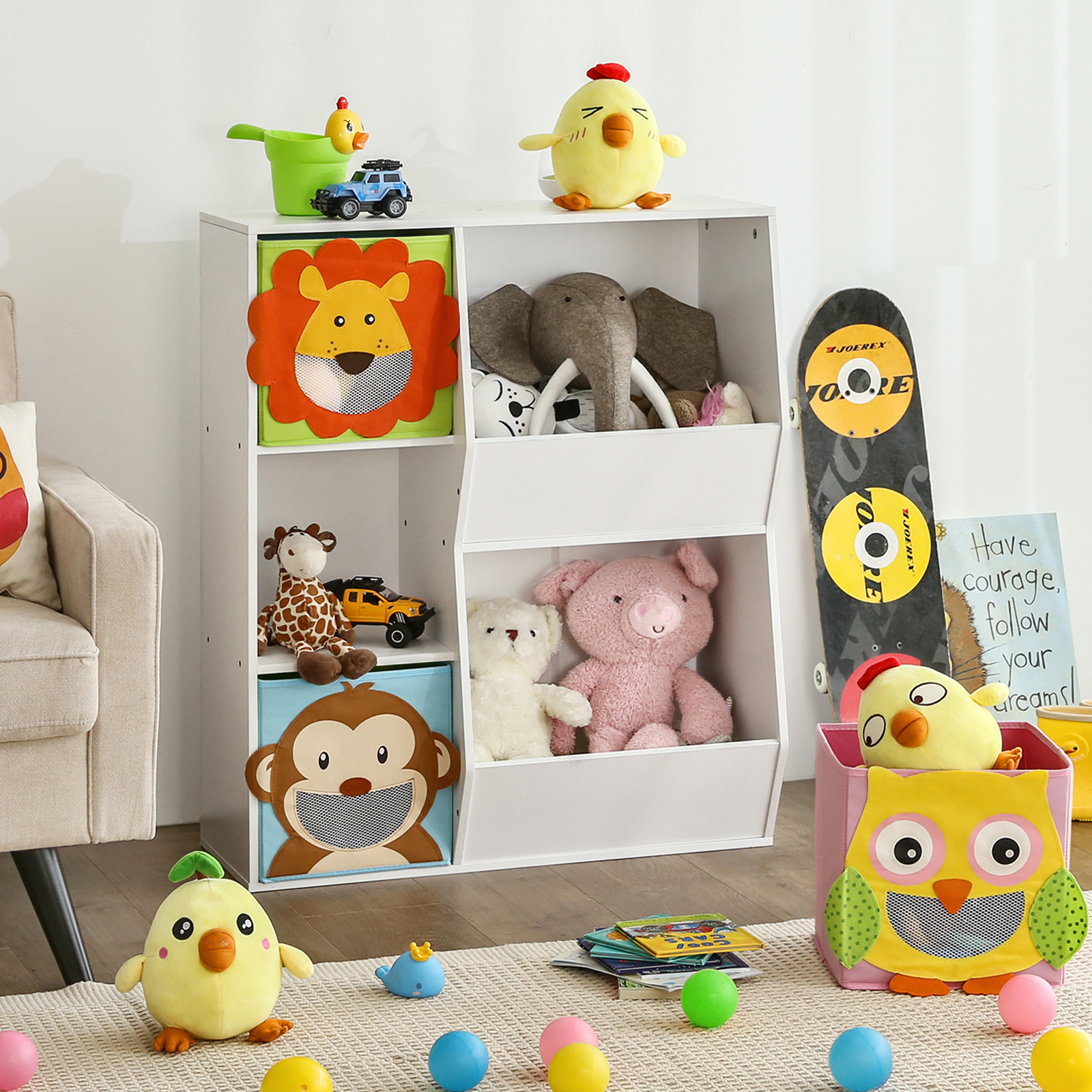 SONGMICS Cajas de Almacenamiento, Juego de 3, Organizadores de Juguetes, Cesta, Plegable, para Habitación Infantil, Sala de Juegos, 27 x 27 x 27 cm, Tema de Animal, Azul, Verde y Rosa