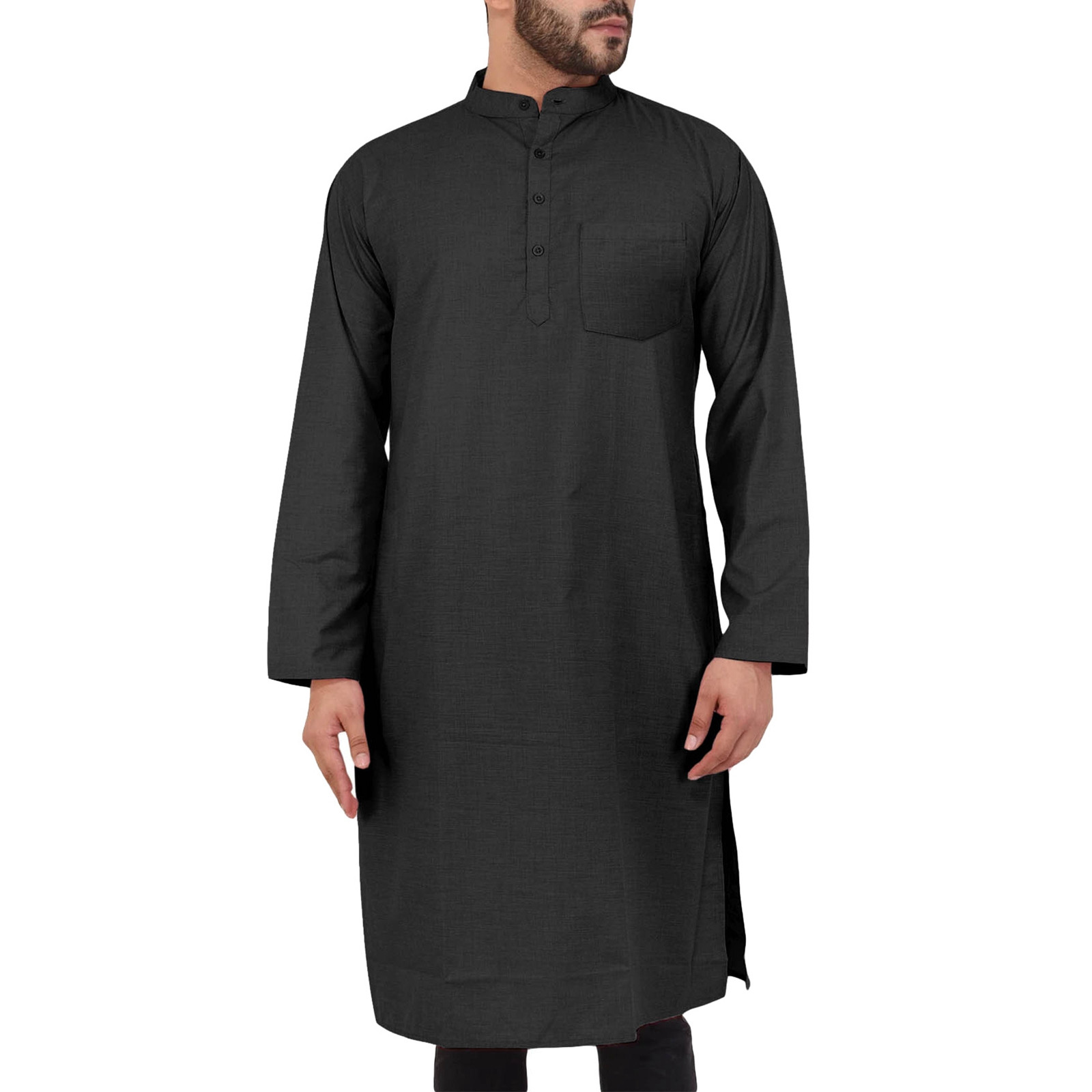 Bata informal de manga larga para hombre, camisa holgada con bolsillo, color liso, cómoda, para el hogar, Arabia musulmana, 2024