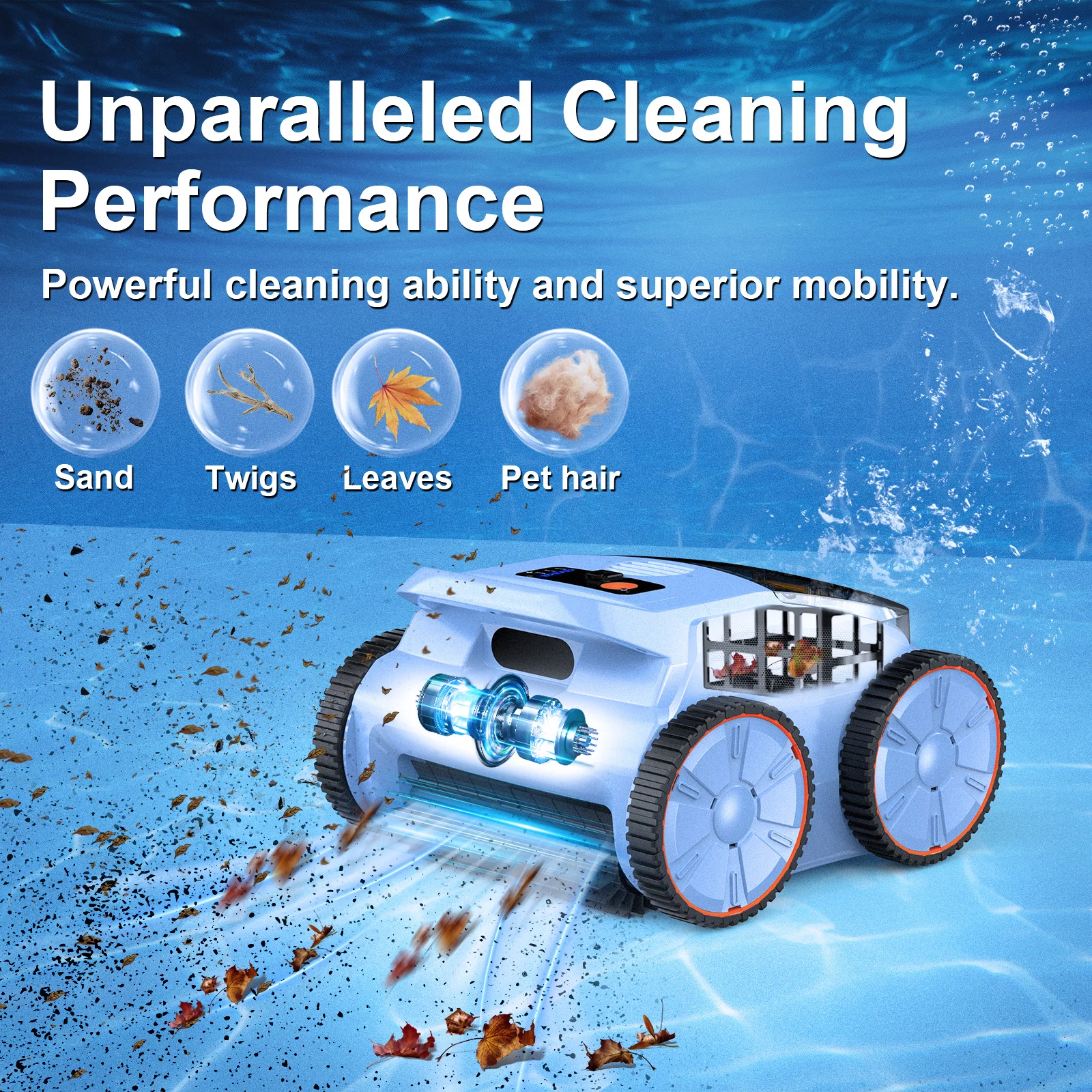Seauto SAT20 Pool Vacuum 150 Mins Running Up to 2000 Sq.ft., 45,000Pa Powerful Suction, Wall-Climbing for Above/in Ground Pools