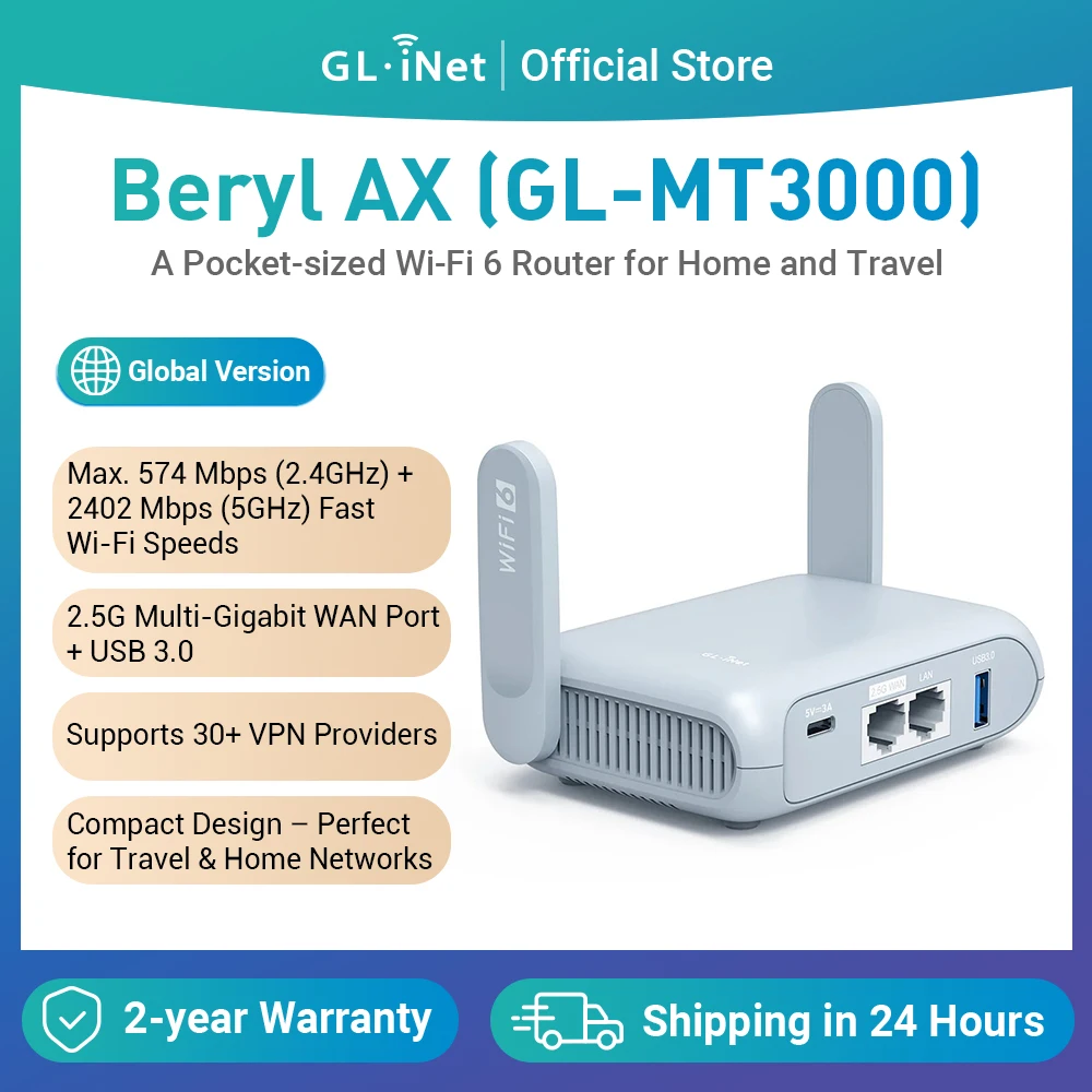 GL.iNet GL-MT3000 (Beryl AX) Wi-Fi 6 Wireless Travel Gigabit Router, Connect Public & Hotel Wi-Fi, Captive Portal, Cybersicherheit