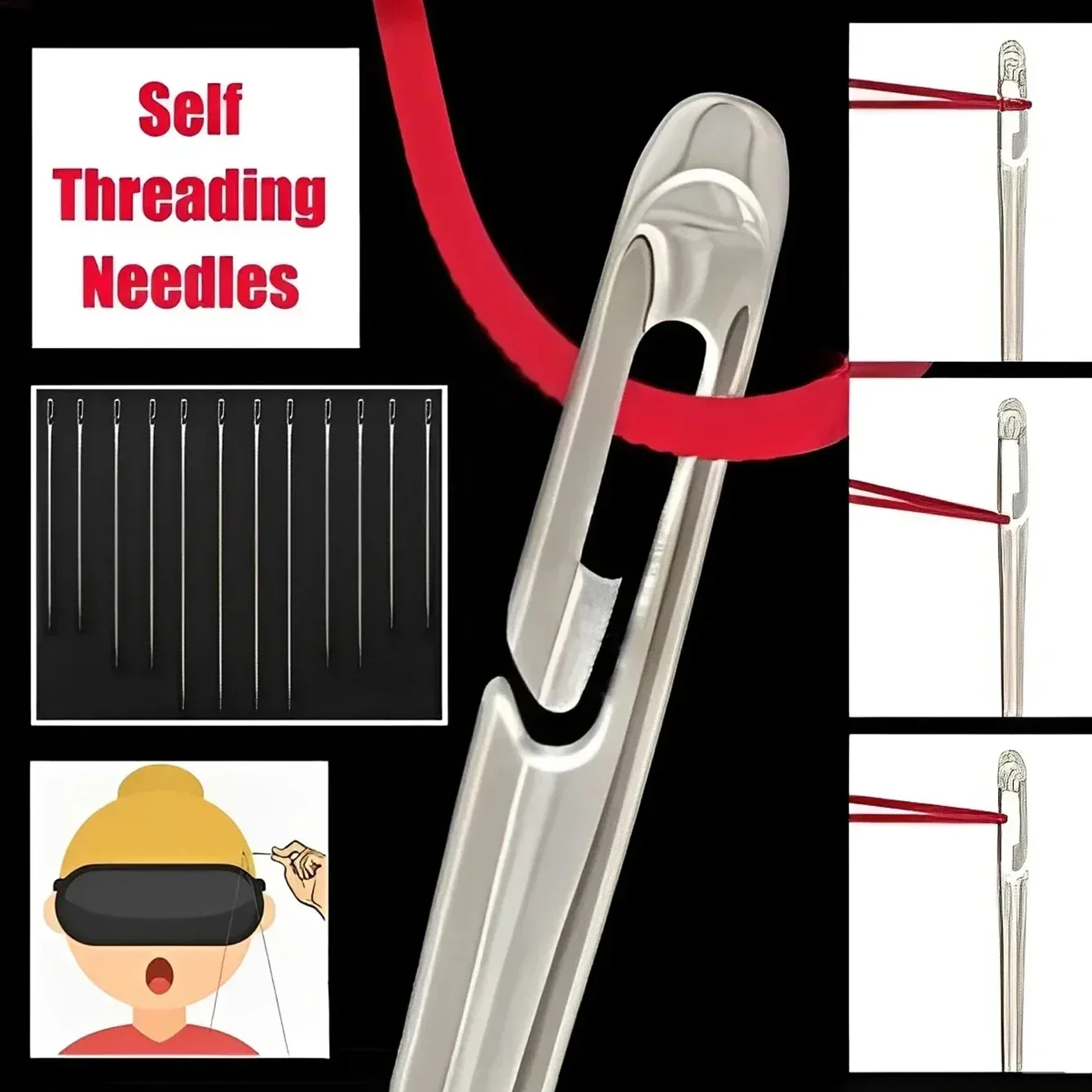 ด้านข้างตาบอดเย็บเข็มสแตนเลสผู้สูงอายุเข็มเย็บมือเย็บ Pin DIY Home Self Threading เข็ม Thi