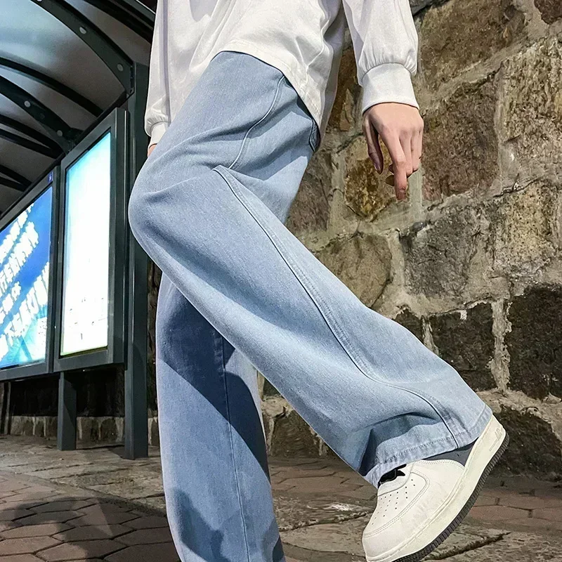 남성용 한국 스타일 루즈 진, 스트레이트 와이드 레그 팬츠, 남성 브랜드 의류, 블랙 연청, 2024 신상 스트리트웨어 패션