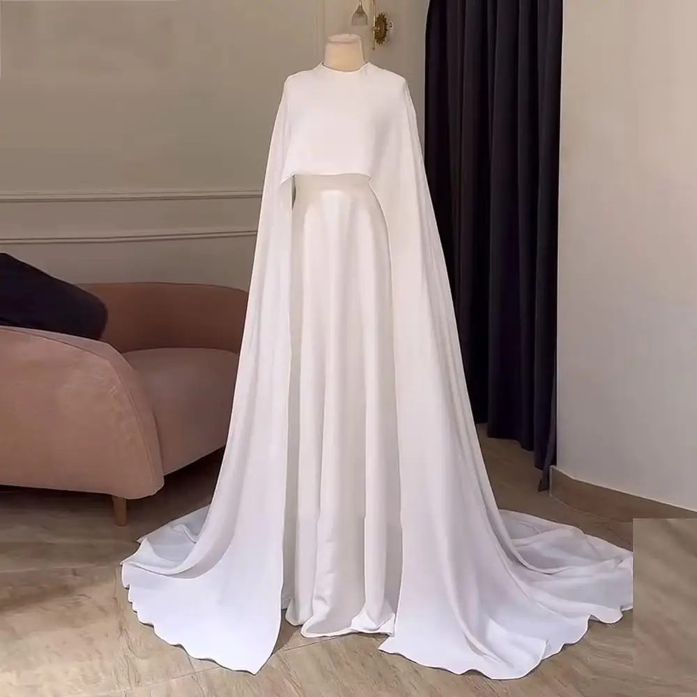 Weißes Brautkleid mit O-Ausschnitt 2025, Schal, lange Ärmel, Knopfleiste, A-Linie, Saudi-Arabien, Sweep-Zug, muslimisch, bodenlang, plissiert, individuell
