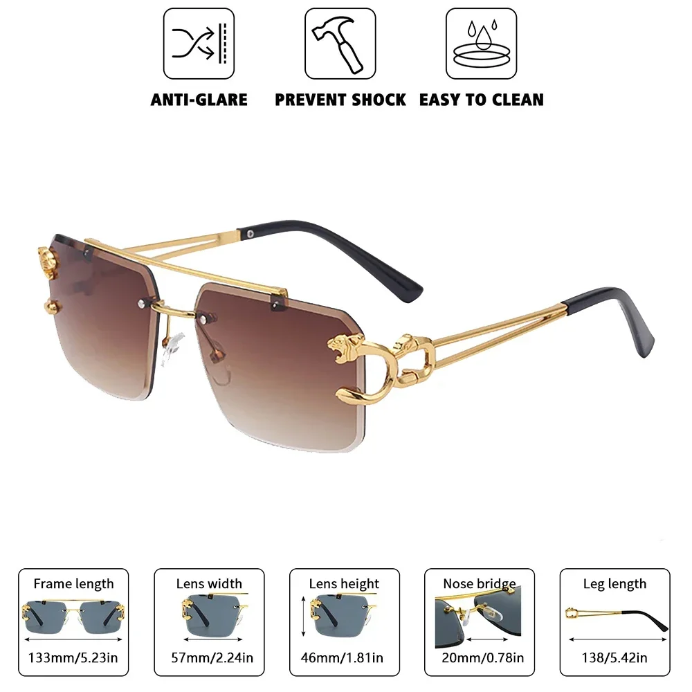 กรอบทองแฟชั่นแว่นตากันแดดโลหะเสือดาว Rimless แว่นตากันแดด Double Bridges Gradient Ocean ฟิล์ม Shades UV400