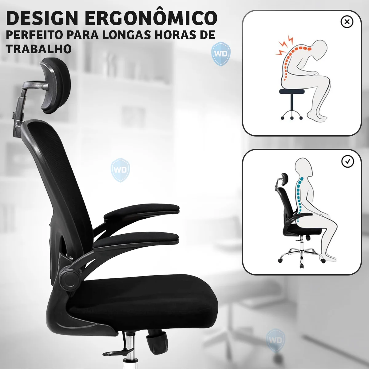 Cadeira De Escritório Ergonômica Preta Com Estofado Office