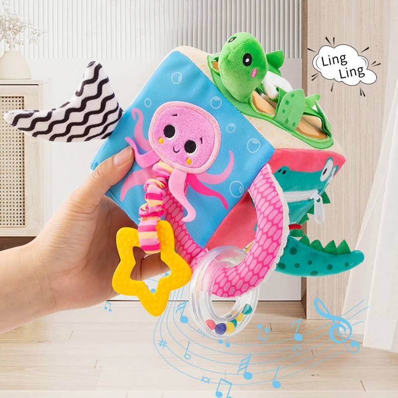 Soft Cloth Cube Educational Baby Toy Activity Sensory Building Block Crib Stroller Hanging Toys Baby Plush Rattles Mobiles Toys