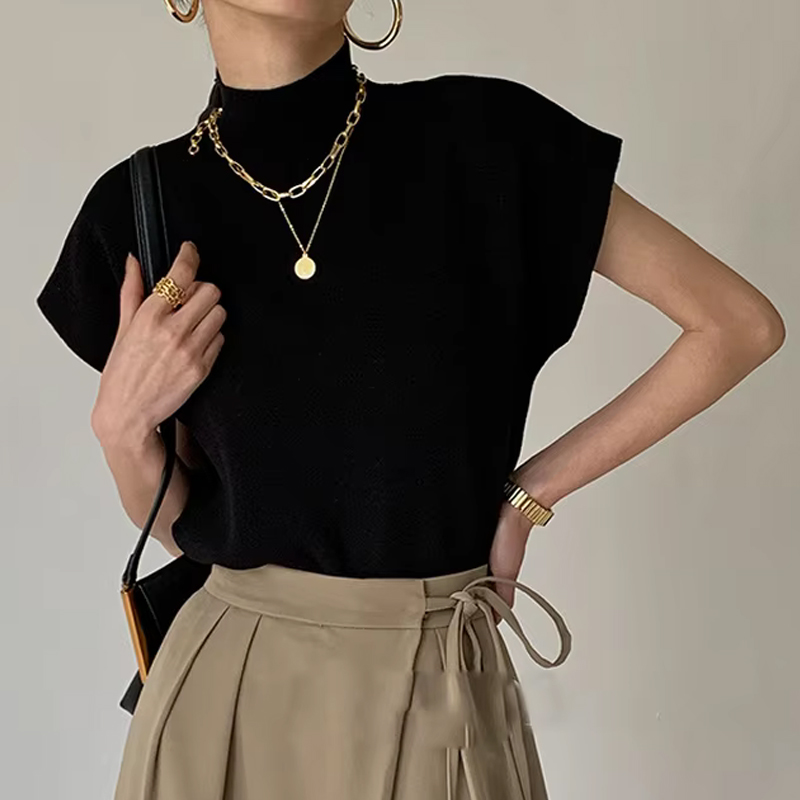 Mode Opstaande Kraag Slanke Vrouwen Gebreide Vest Losse Effen Elegante Rechte Tops Korte Mouw Kantoor Dame T-shirt Los Shirt