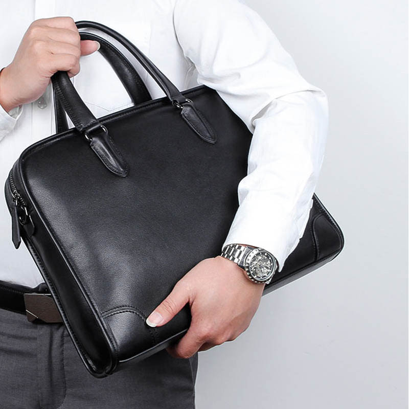 Maletín de negocios de cuero genuino negro para hombre, bolso para portátil de 14 pulgadas, bolso de hombro de cuero de vaca, bolso de mano de trabajo diario para PC