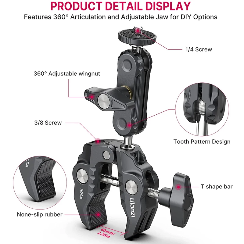 Ulanzi R094 Metal Super Clamp with Double Ball Head Magic Arm Clamp with 1/4" 3/8" Hole for DSLR Camera Monitor Light Mic Mount