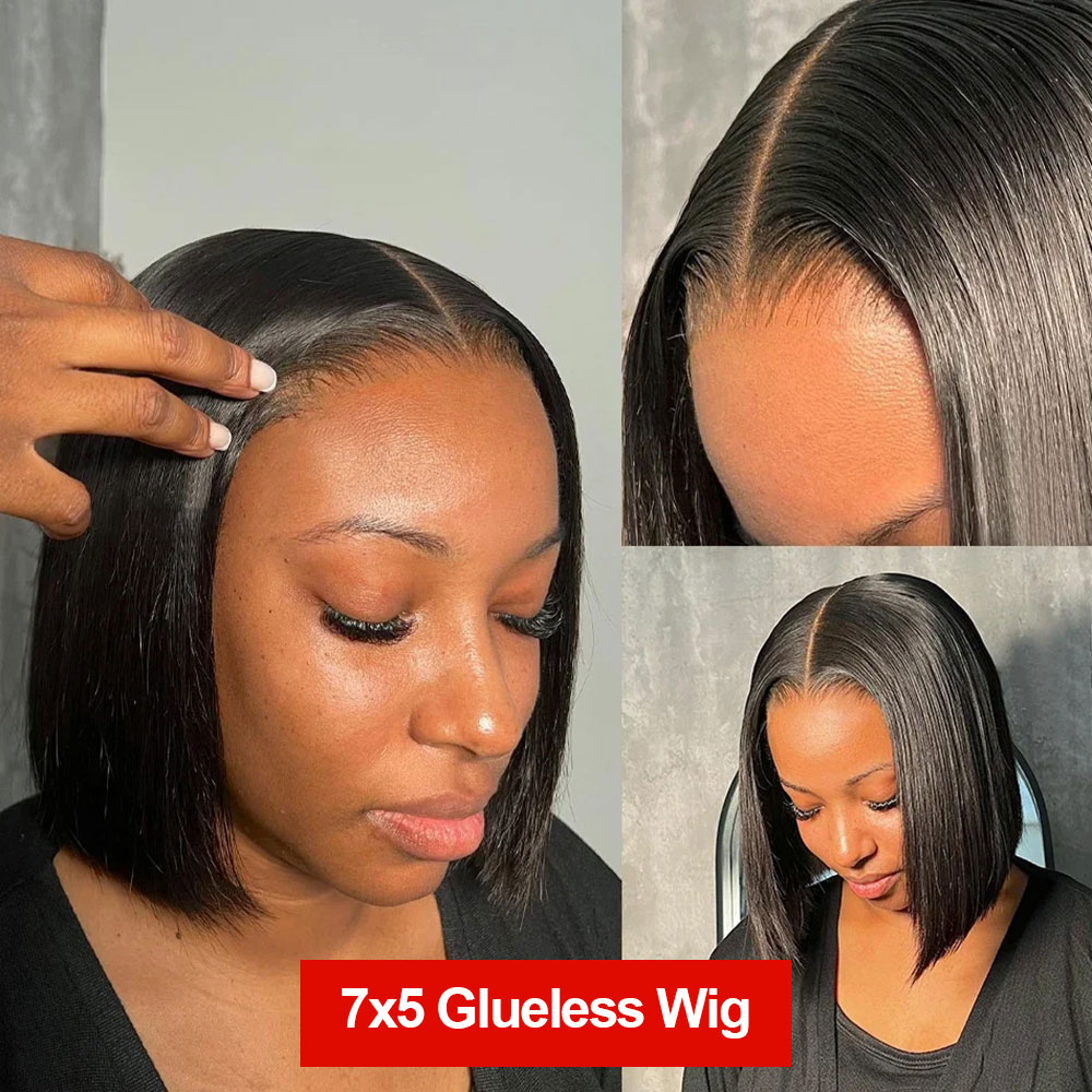 Peluca de cabello humano liso con cierre Frontal, pelo corto Bob sin pegamento, predesplumado, 7x5, listo para usar, 13x4, 100%