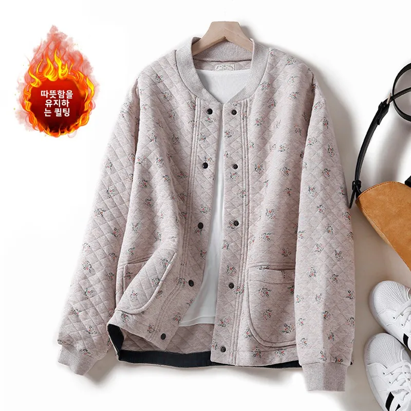 Plus Size Autumn Winter Thickened Cotton Printed Baseball Jacket Women's Loose Short Sle Stand Collar Open Cardigan Slish Com...