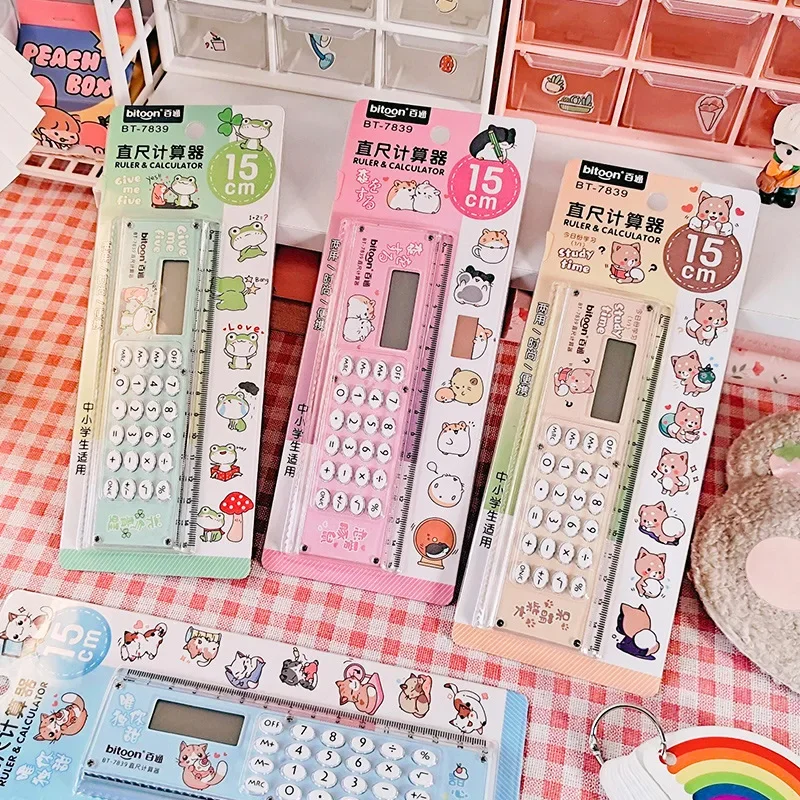 Kawaii dos desenhos animados mini régua calculadora multifuncional 15cm régua com calculadora estudantes papelaria material escolar de escritório