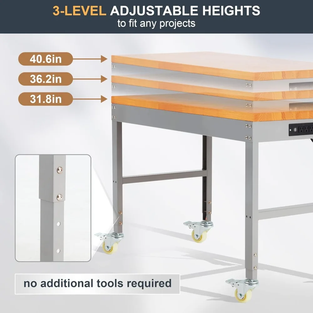 Height Adjustable Workbench with Wheels 48" x 24" 2000 Lbs Capacity Solid Wood Work Station Heavy-Duty Rolling Work