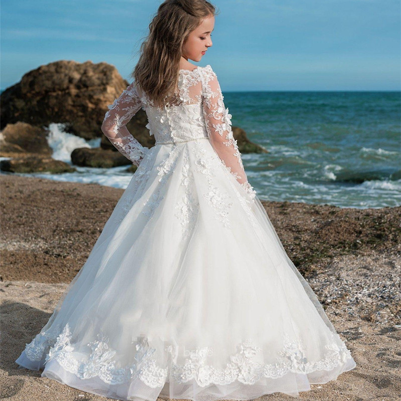 Erstkommunion Kleider Langarm Tüll Spitze Aufkleber Prinzessin Blumenmädchen Kleid Hochzeit Party Ball Traum Kinder Überraschungsgeschenk