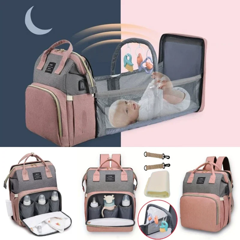 Dobrável e portátil mamãe mochila, berço cama, alças, grande capacidade, saco de fraldas, maternidade saco, equipamento para bebê, novo
