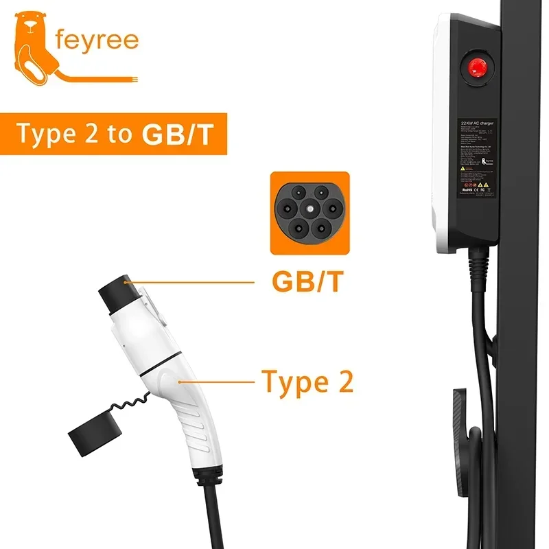 Адаптер зарядного устройства Feyree EV Type2 в GB/T 32A 22KW 3P для стандартного электромобиля в Китае 7KW 32A 1P Автомобильный разъем EV