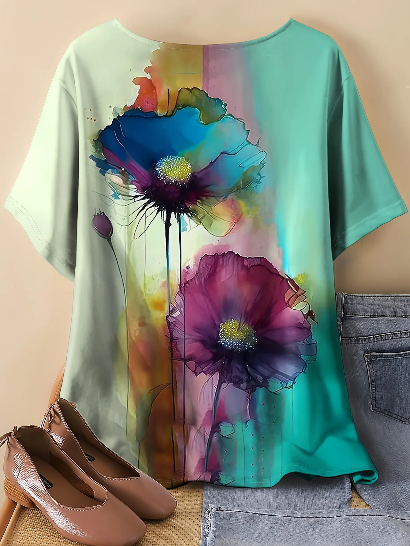 Sommer 2025, Übergröße, Damen-T-Shirt mit Blumenmuster, Farbverlauf, lässig, Rundhalsausschnitt, Blau und mehrfarbig, kurzärmelig, schnell trocknend