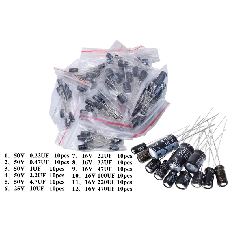 1 juego de 120 Uds 12 valores 0,22 UF-470 UF kit surtido de condensadores electrolíticos de aluminio paquete