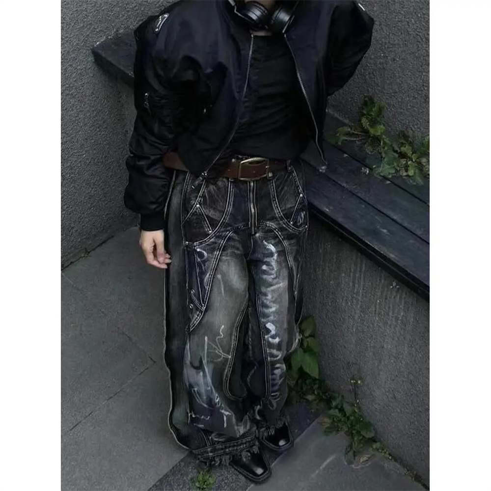 レディースヴィンテージカウボーイパンツ,原宿ストリートウェア,デニムパンツ,y2kグラフィティジーンズ,バギー,ヴィンテージ,特大,エモ,2000s,トレンド,2024