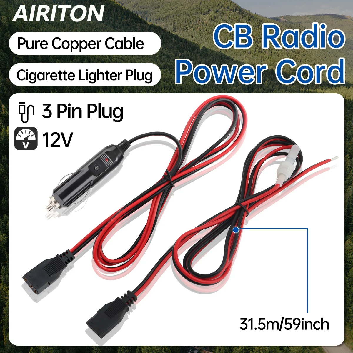 CB Radio 3-Pin Stecker Netzkabel 2-Draht Kabel 15M/59 Zoll mit 12V Zigarettenanzünder für 880FM Cobra 25 PC78LTX GMRS Mobilfunk