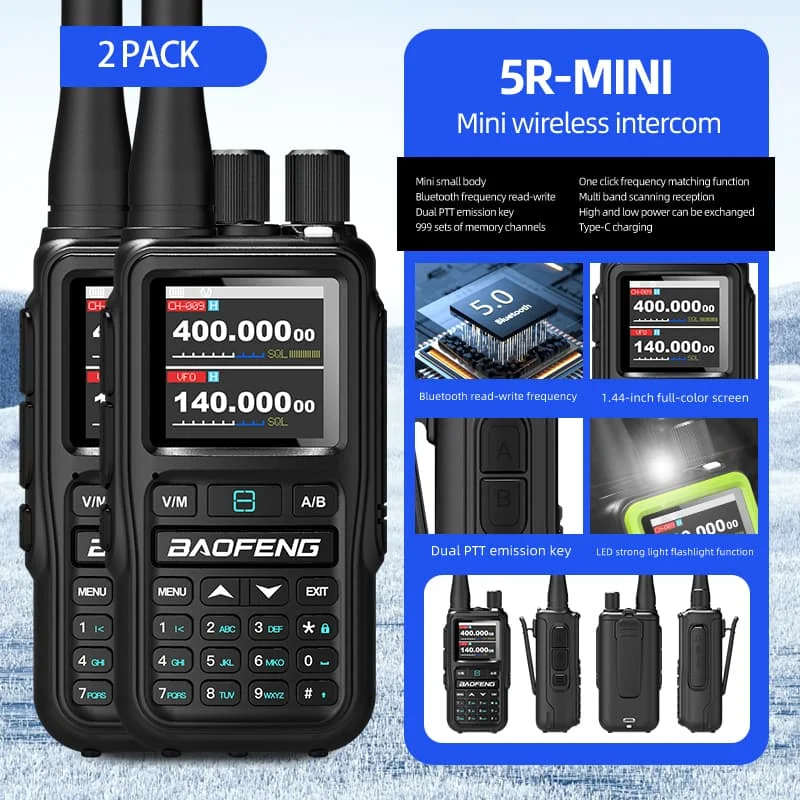 Baofeng UV-5RupgradeMini 5W Walkie Talkie (2er-Pack) |   Bluetooth-App, NOAA-Wetter, 999-Kanal |   USB-C-Aufladung für Outdoor/Jagd