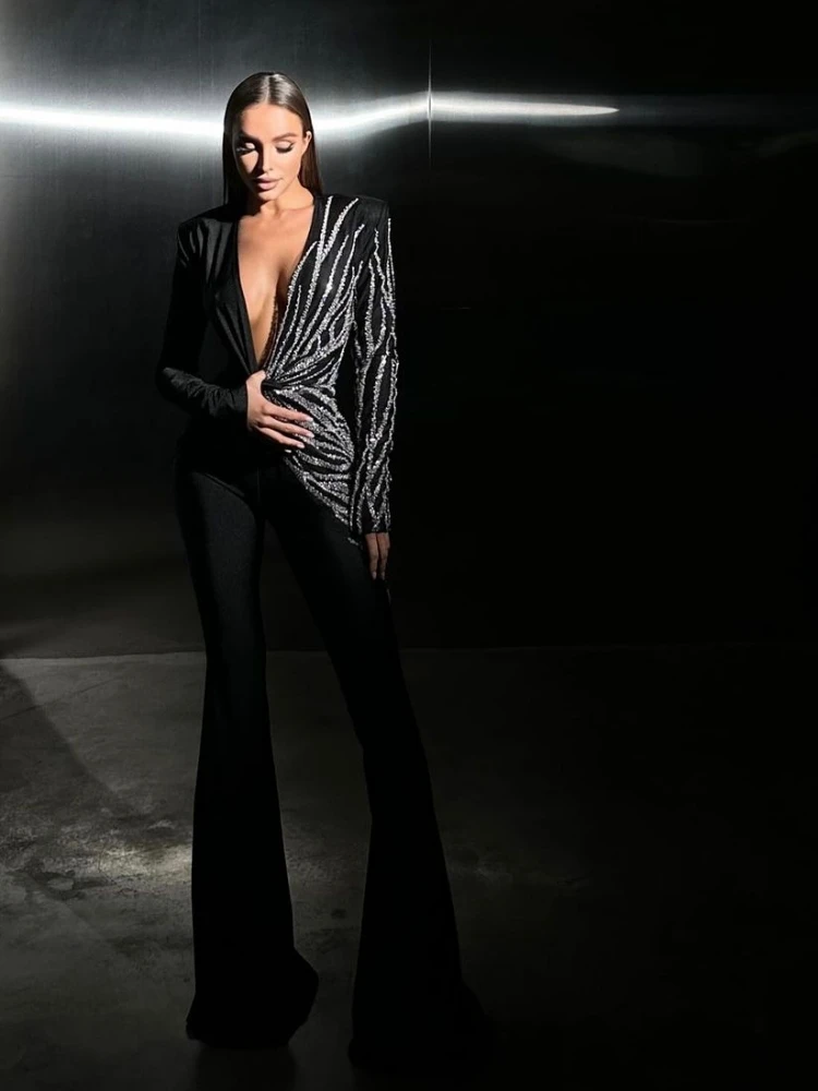 เซ็กซี่ลึก V คอ Sparkly เพชรออกแบบ Jumpsuit ผู้หญิงแขนยาว Draped ขากว้าง Jumpsuit Elegant Evening Club เครื่องแต่งกายรันเวย์