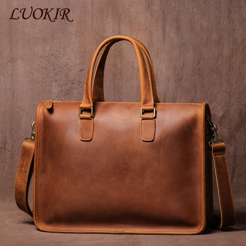 LUOKIR Borsa in vera pelle da uomo Vintage Crazy Horse Pelle bovina Borsa per computer da ufficio Semplicità Valigetta da lavoro per laptop da 14 pollici