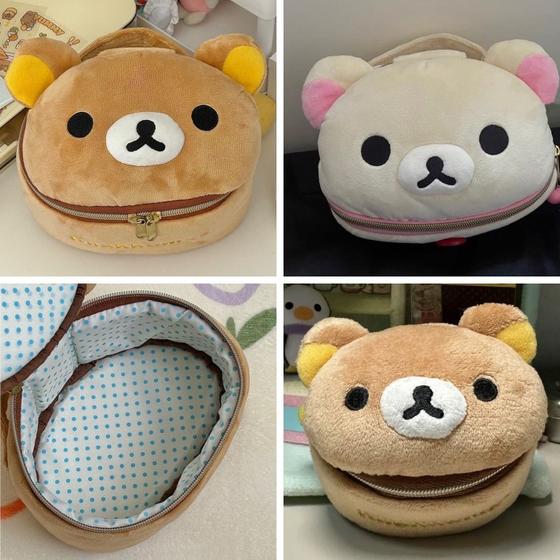 Bolsa de maquillaje tridimensional ovalada de felpa, joyero con cabeza de osito de peluche, joyero, nueva bolsa de almacenamiento bonita Rilakkuma para niñas