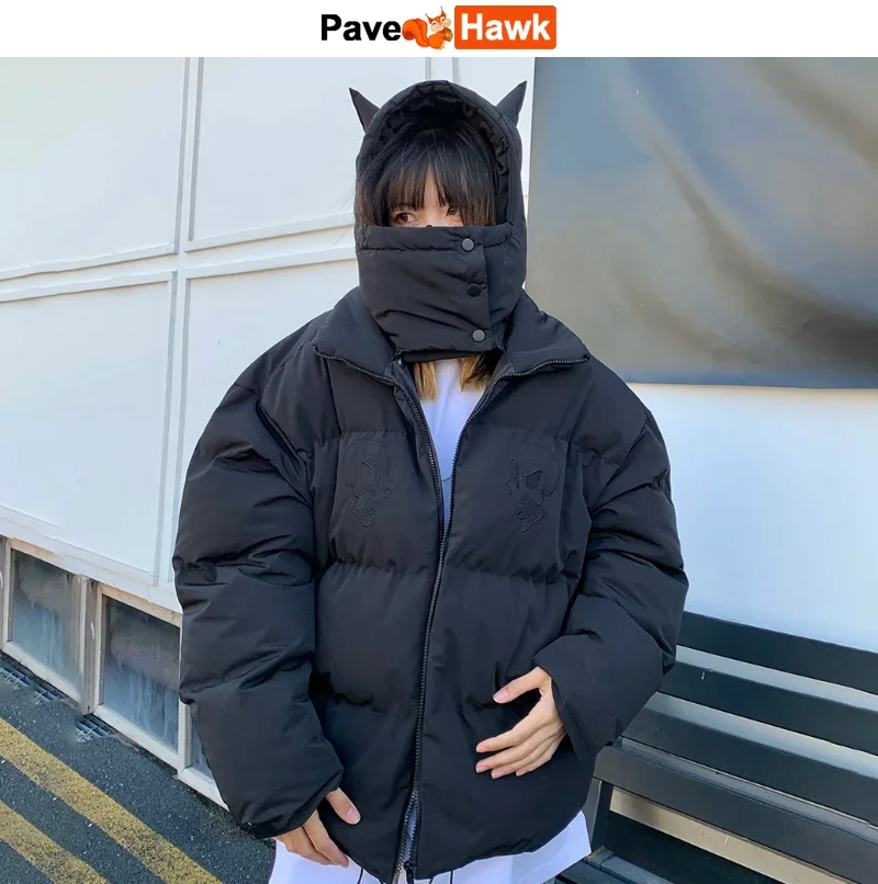 Herren Hip Hop Kleiner Teufel Hörner Parka Winter Stickerei Schädel Jacke Straße Mit Kapuze Gepolsterte Jacke Y2k Harajuku Warm Verdicken Mantel