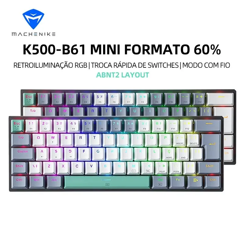 Machenike K500-B61 Mini Teclado Mecânico 60% ABNT2 Layout RGB Backlight Hot-swappable NKRO Wired Gaming Teclado Para PC Gamer