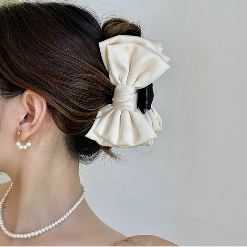 Mulheres elegantes arco garra de cabelo clipes dupla face grande cetim tubarão garra de cabelo sólido bowknot grampos de cabelo presilhas acessórios para o cabelo