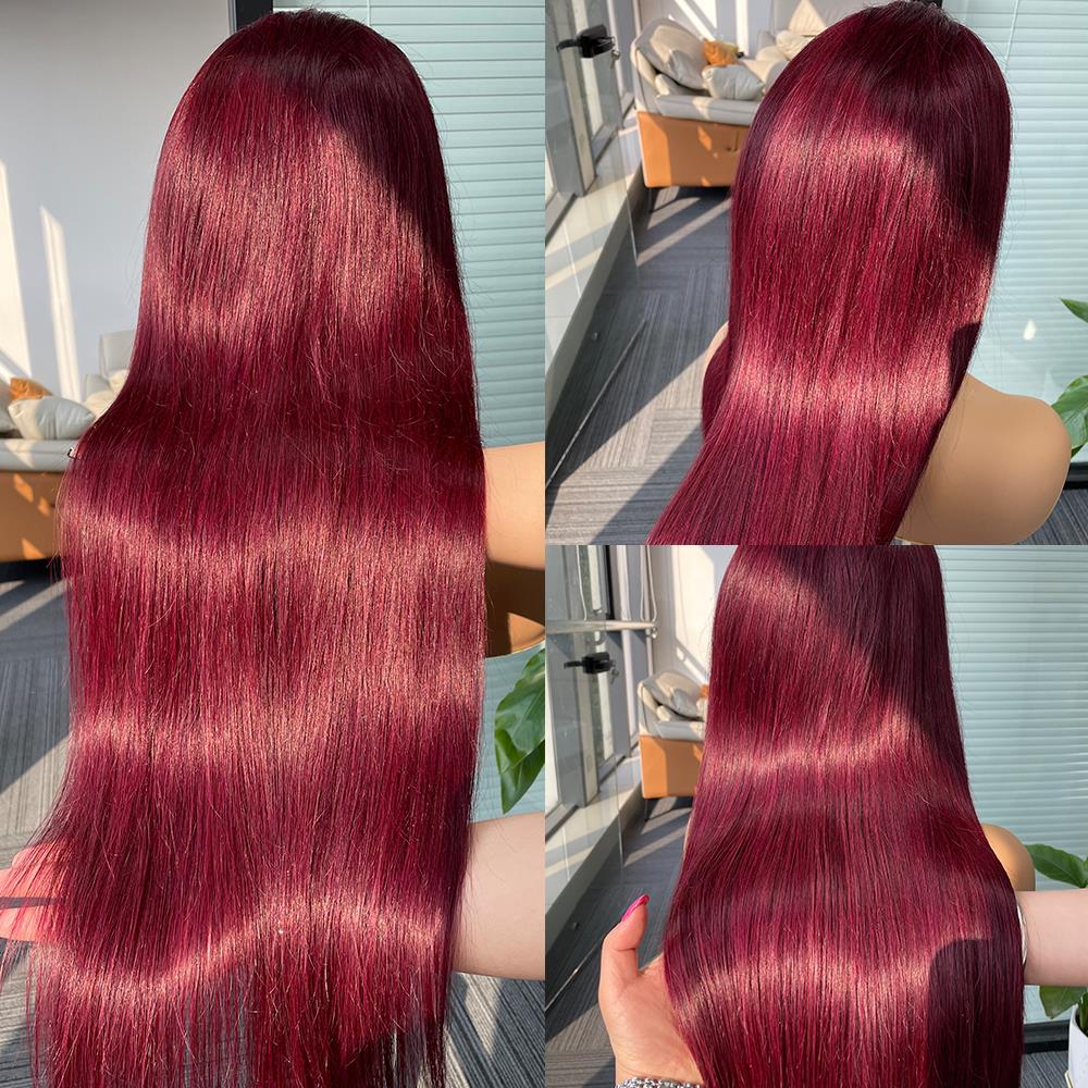 ブラジルのナチュラルヘアウィッグ,フロントレース,ストレート,赤,密度250,バーガンディ,13x6,30 ", 40",99j