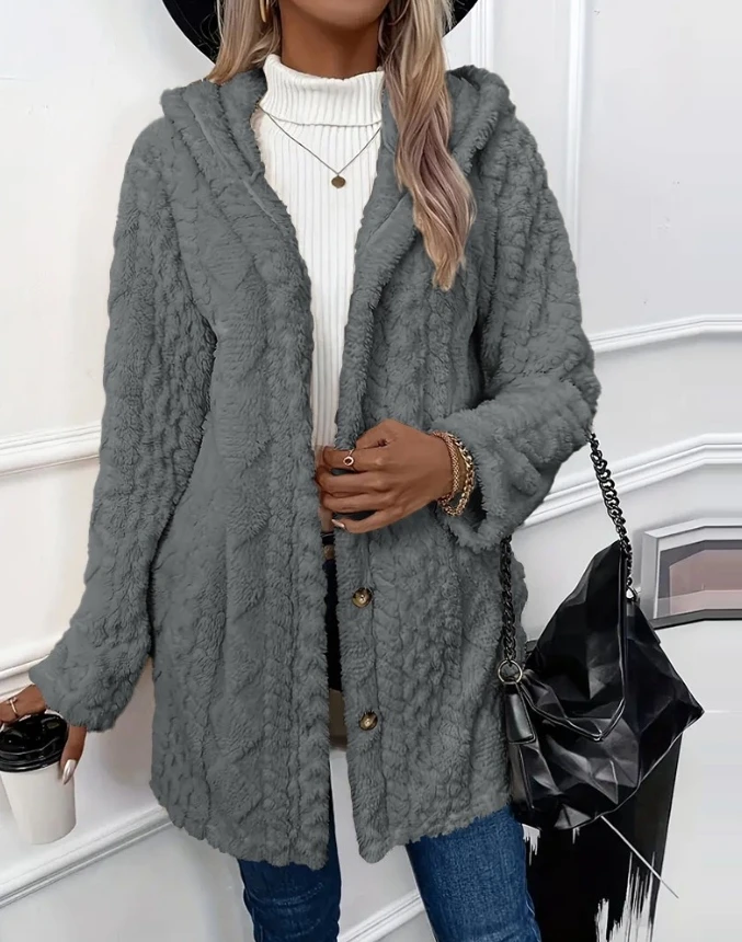 ผู้หญิงลําลอง Argyle Textured รูปแบบ Hooded Buttoned เสื้อขนแกะทุกวันเสื้อผ้าฤดูใบไม้ร่วงใหม่แฟชั่นผู้หญิงเสื้อแขนยาว