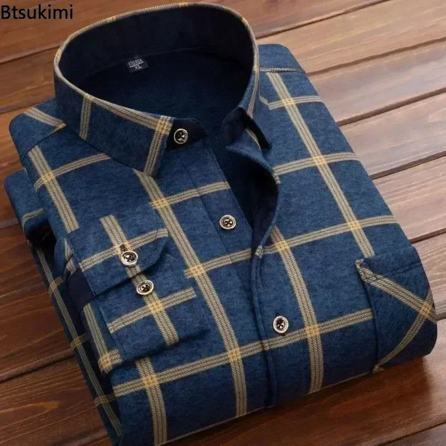 2025 Camisa a cuadros informal de manga larga para otoño e invierno para hombre, camisa gruesa y cálida informal de alta calidad, camisa cálida suave de talla grande, Tops 4XL